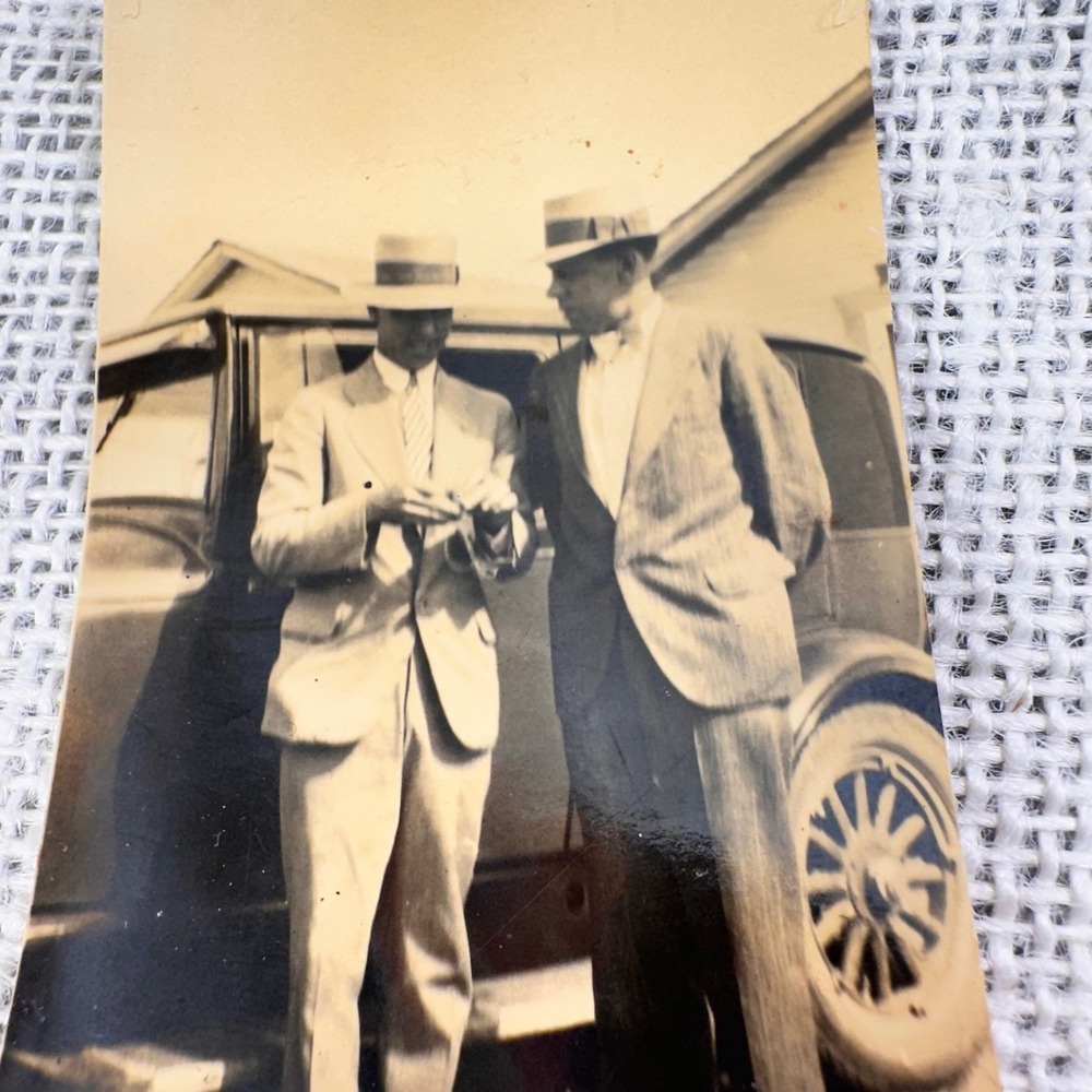 1920s Antique Automobile Snapshot Photo Handsome Men Boater Hats Texas 2x3‎